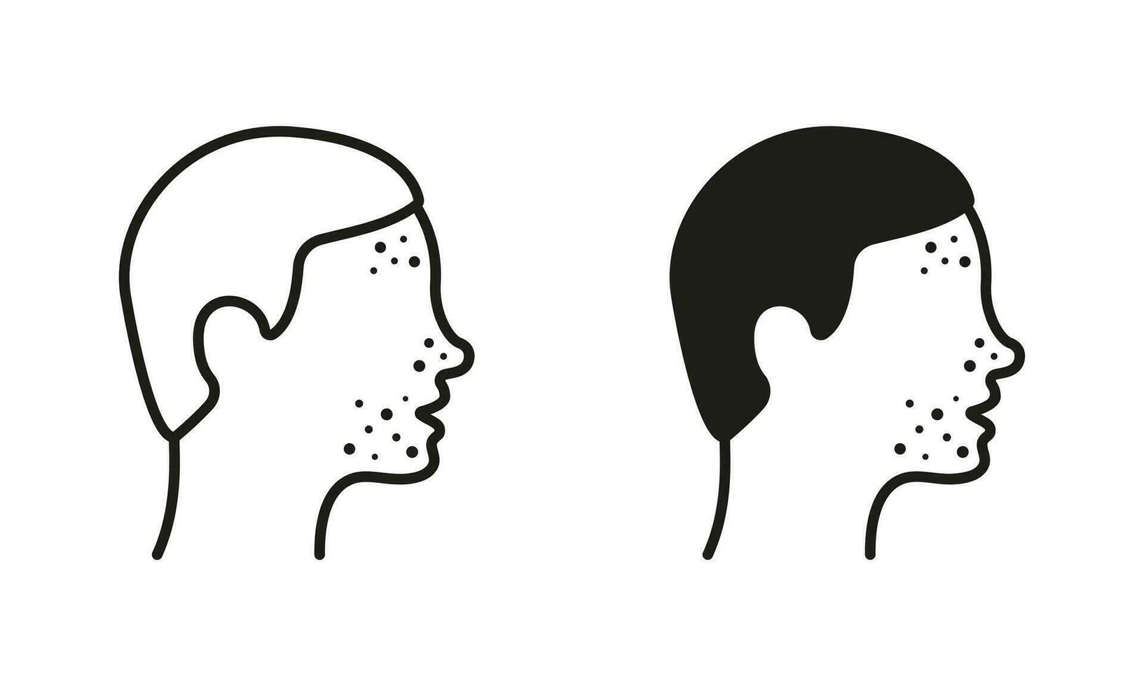 Dermatologic Problem, Allergy, Inflammation Skin Symbol Collection. Boy with Face Pimples Line and Silhouette Black Icon Set. Man with Blackhead, Acne, Rash Pictogram. Isolated Vector Illustration.