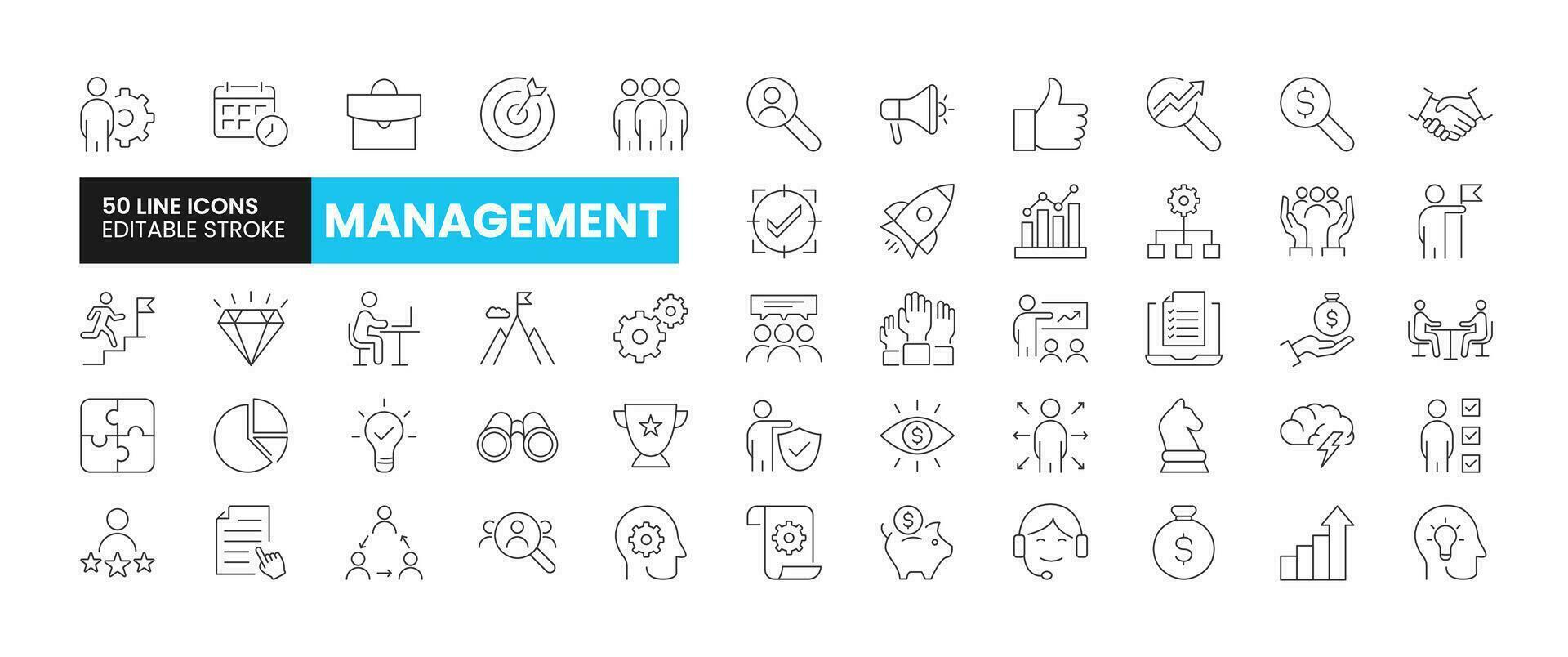 Set of 50 Business Management line icons set. Business Management outline icons with editable stroke collection. Includes Team, Growth, Project, Vision, Managing and More. vector