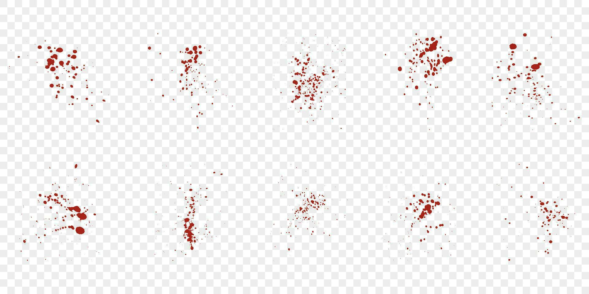 Blood Spatter Set. Red Drip Splatter. Grunge Splash Collection. Splat Pattern on Transparent Background, Paint Ink Stain Texture. Abstract Design, Messy Bloodstain. Isolated Vector Illustration.