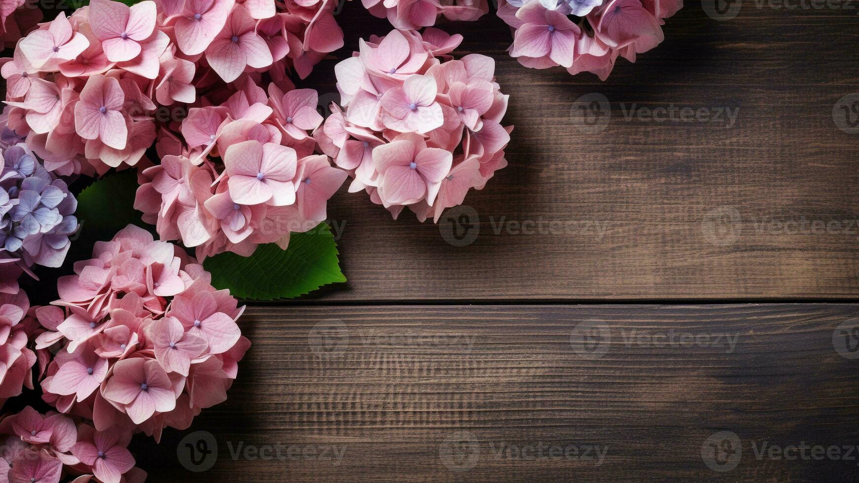 Hydrangea Hydrangea macrophylla on Wooden, AI Generative photo