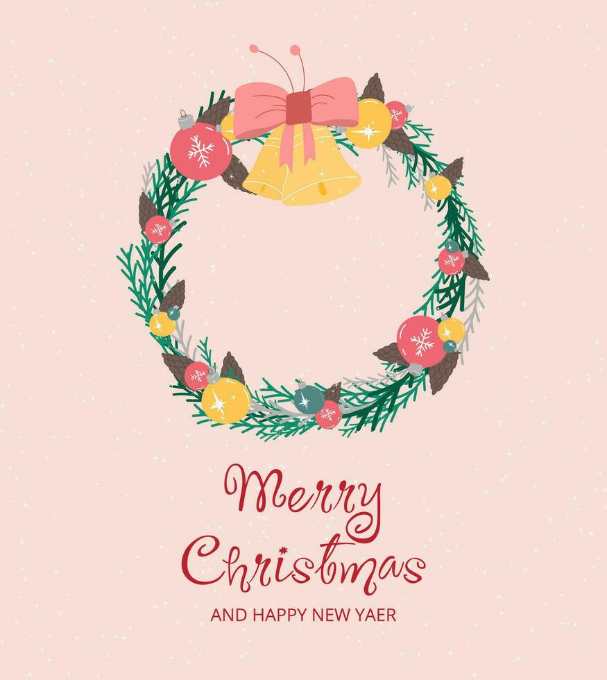 Navidad tarjeta con un Navidad guirnalda y campanas en un beige antecedentes con copos de nieve. vector