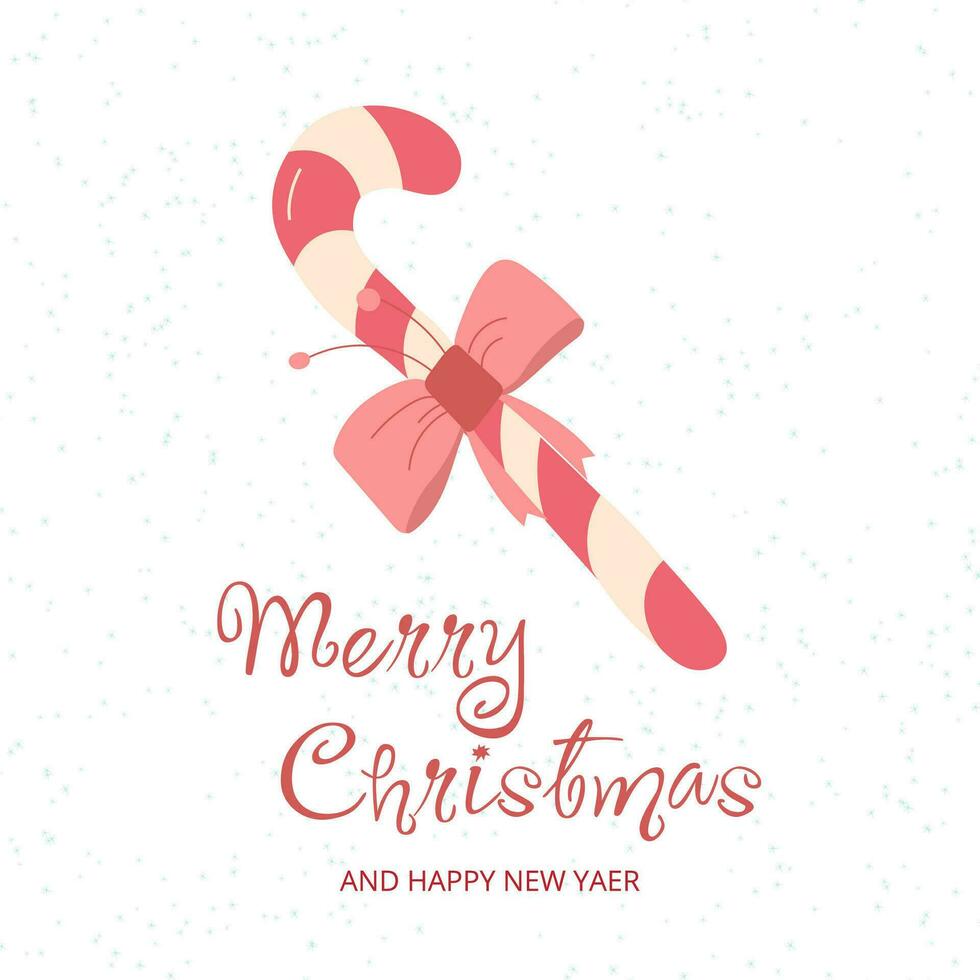 Christmas card with caramel cane and bow on white background with snowflakes vector
