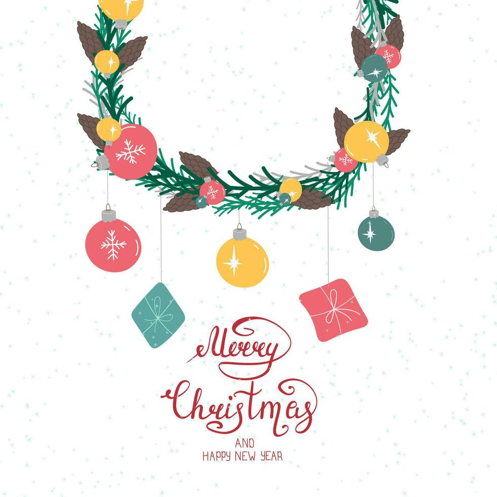 Christmas card with Christmas wreath, Christmas decorations and gifts on a white background with snowflakes vector