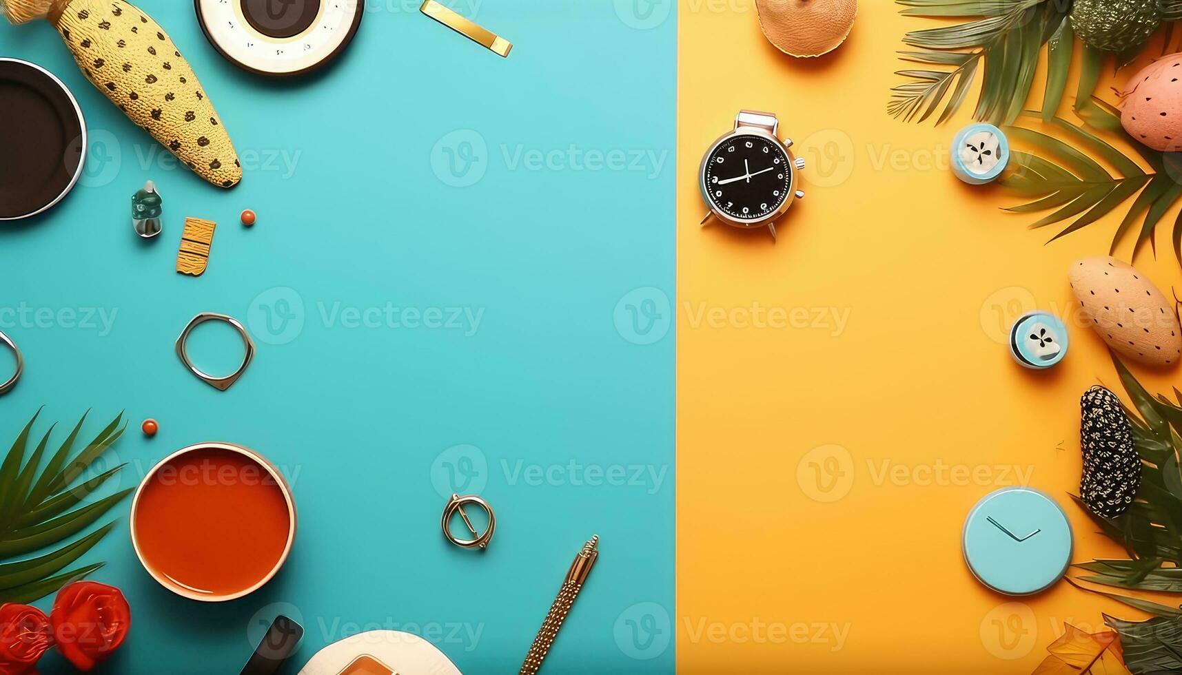 Tabletop Flat Lay Composition with Various Accessories AI generated photo