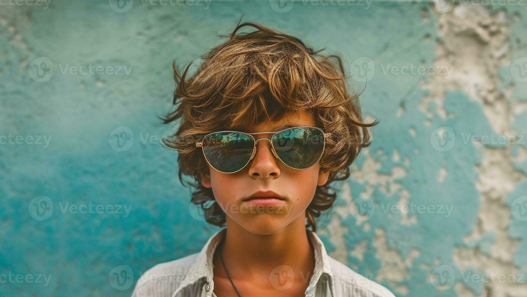 Fashion Portrait of a Stylish Boy in Sunglasses on a Summer, AI Generative photo