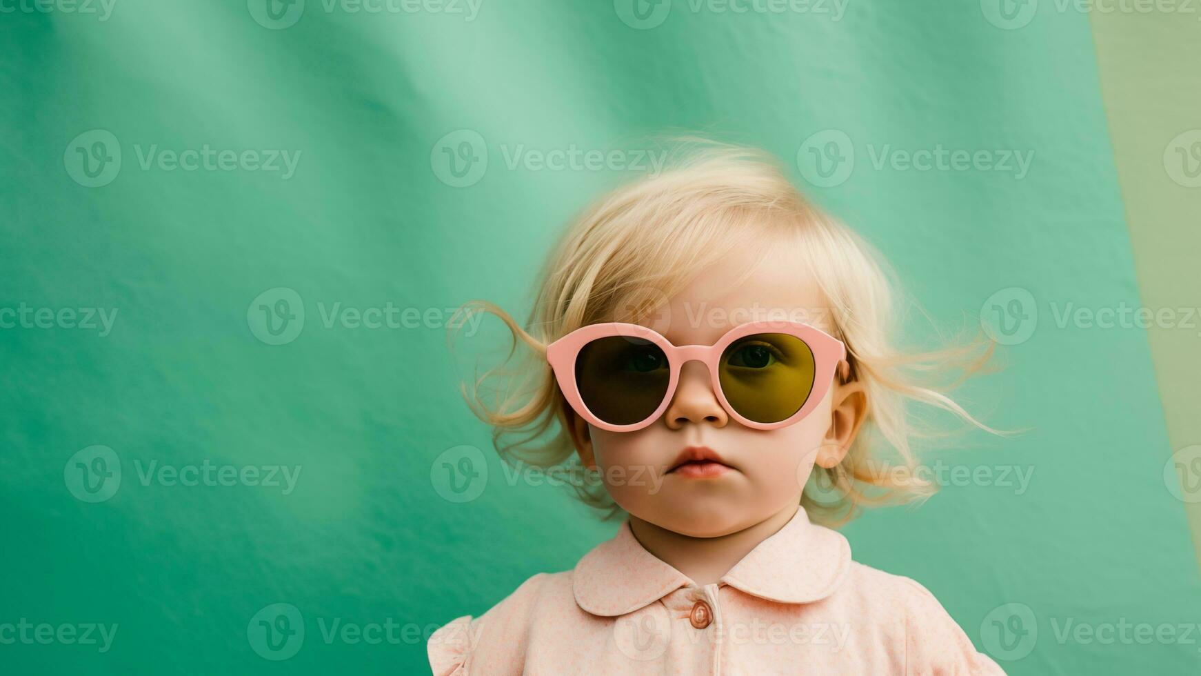 Moda retrato de elegante bebé niña con Gafas de sol en verano, ai generativo foto