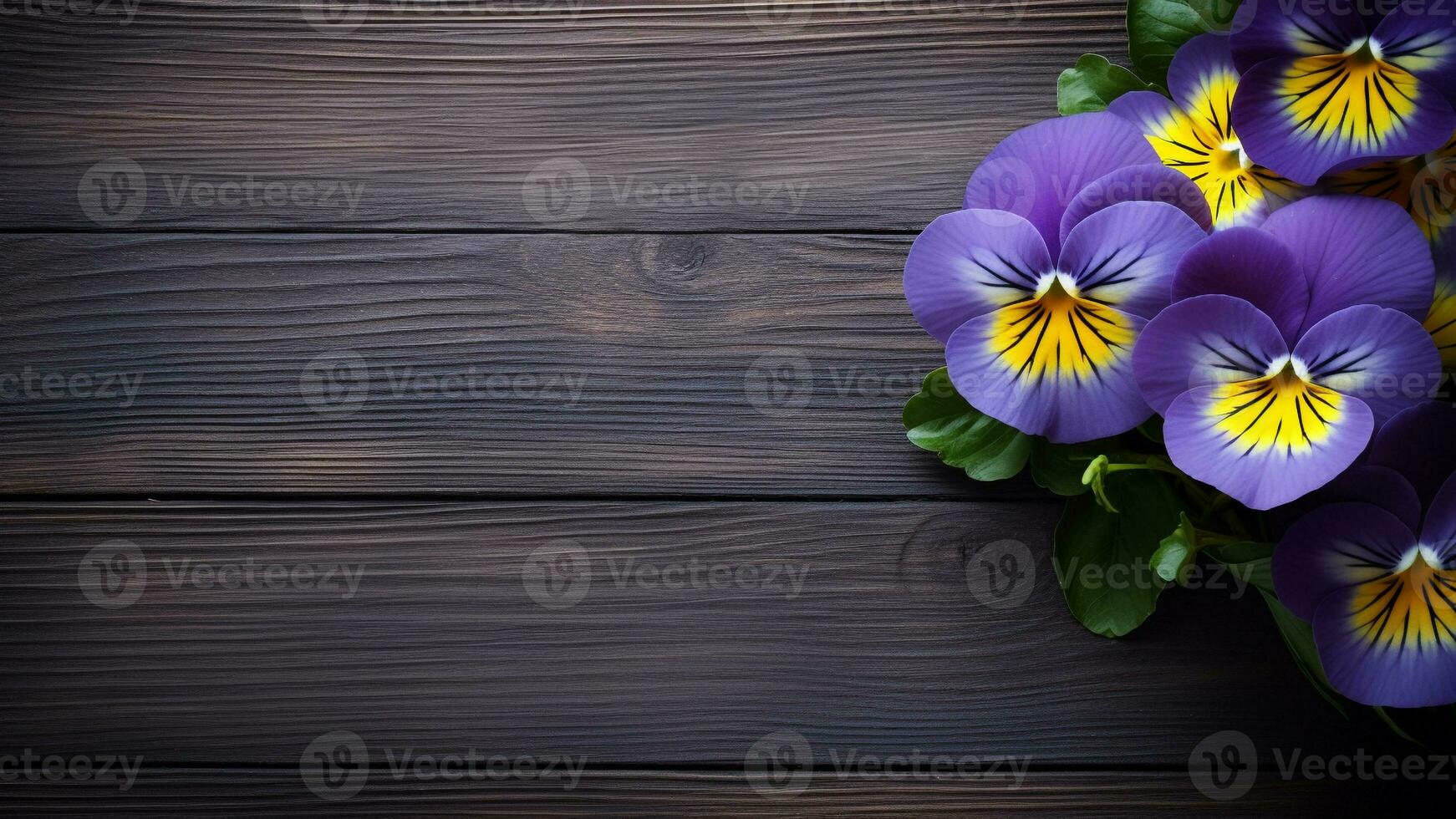 pensamiento flor en un madera antecedentes con Copiar espacio, ai generativo foto