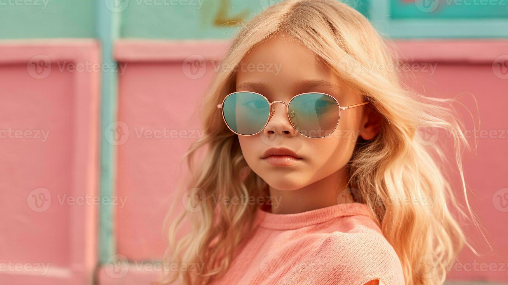 elegante verano Moda retrato niña en Gafas de sol en pastel, ai generativo foto