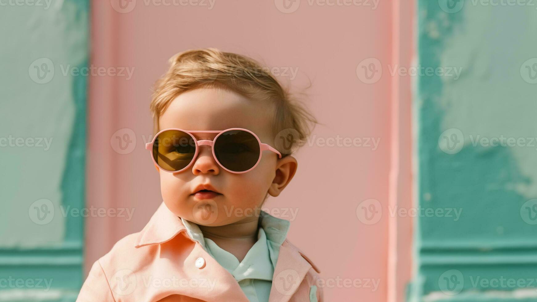 Moda retrato de un elegante bebé chico vistiendo Gafas de sol, ai generativo foto