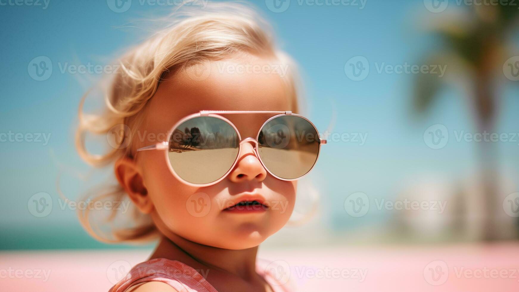 Moda retrato de elegante bebé niña con Gafas de sol en verano, ai generativo foto