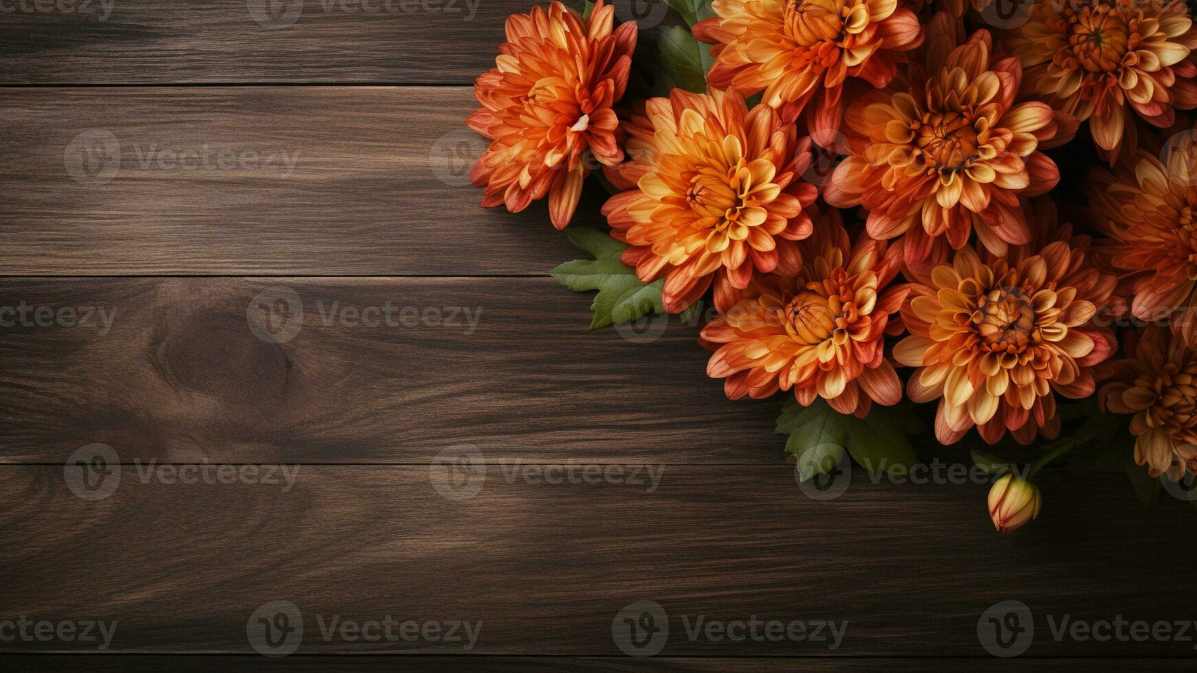 Chrysanthemum Flower on Wood Background with Copy Space, AI Generative photo