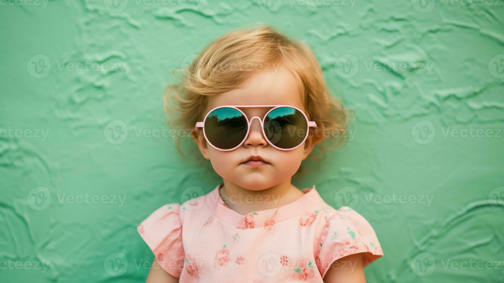 Moda retrato de elegante bebé niña con Gafas de sol en verano, ai generativo foto