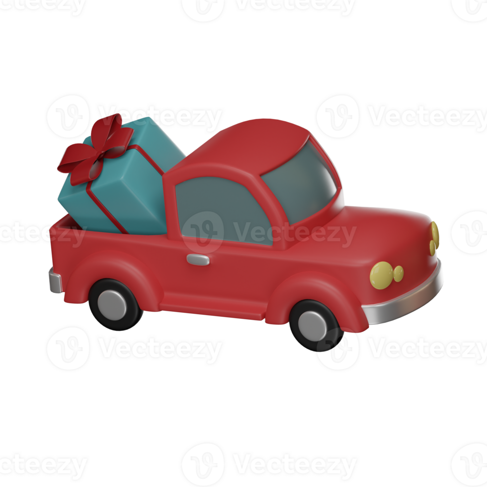 rosso auto consegna i regali Natale illustrazione cartone animato icona concetto. isolato su trasparente sfondo png 3d resa.