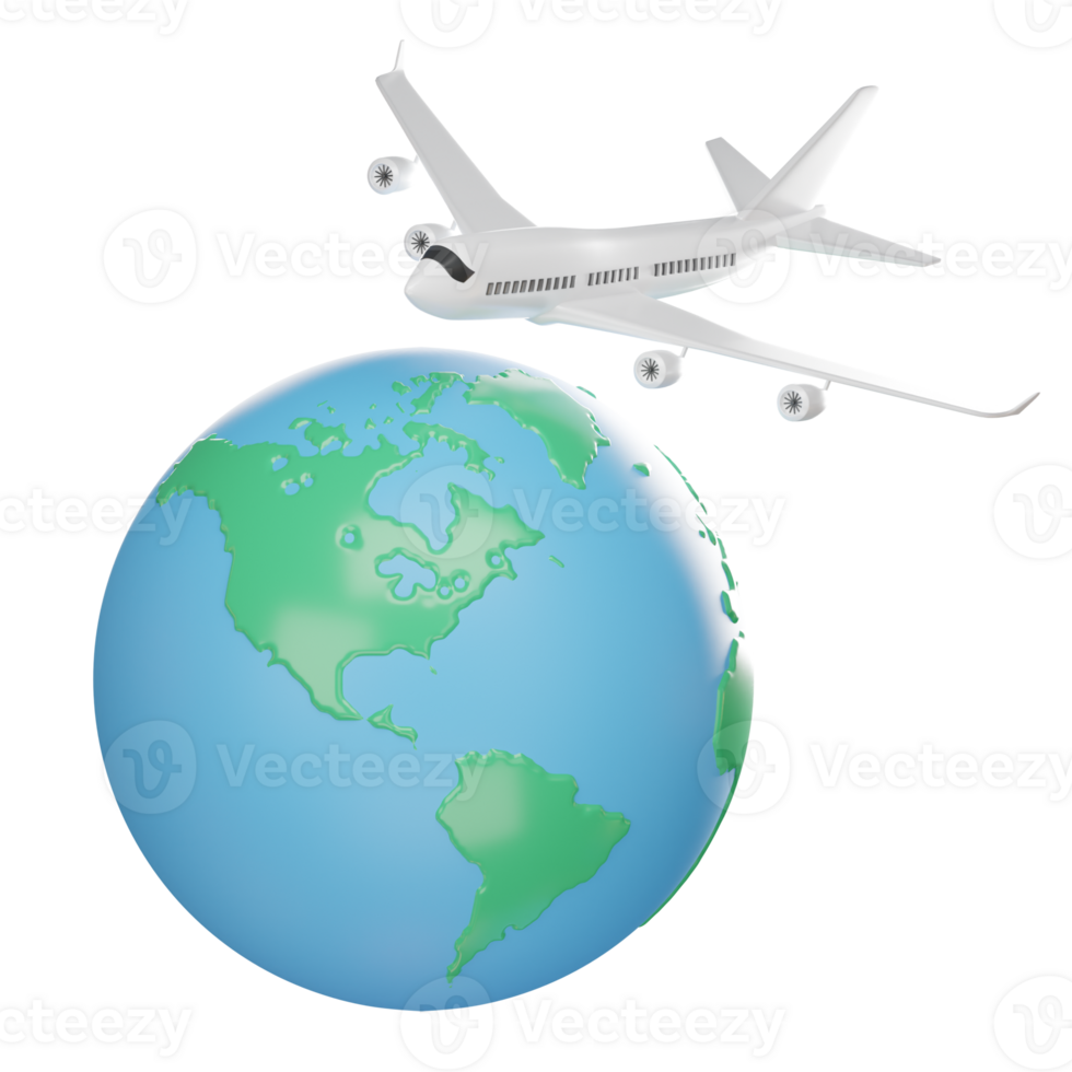 Air travel. Passenger plane and earth. Business flights. on isolated elements on white transparent background Illustration PNG 3D Rendering.