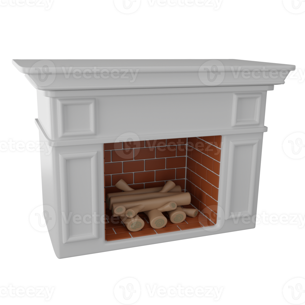 fireplace with winter white decorations illustration isolated on transparent background PNG 3d rendering.