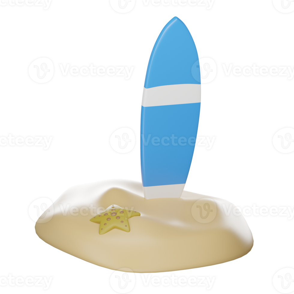 Surfboards icon in the summer on sand beach on isolated elements on white transparent background Illustration PNG 3D Rendering.
