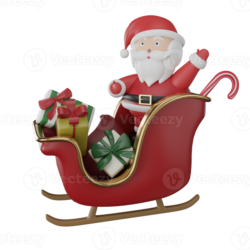 Santa Claus cartoon icon on sleigh with gifts about to be taken to everyone illustration isolated on transparent background PNG 3D rendering