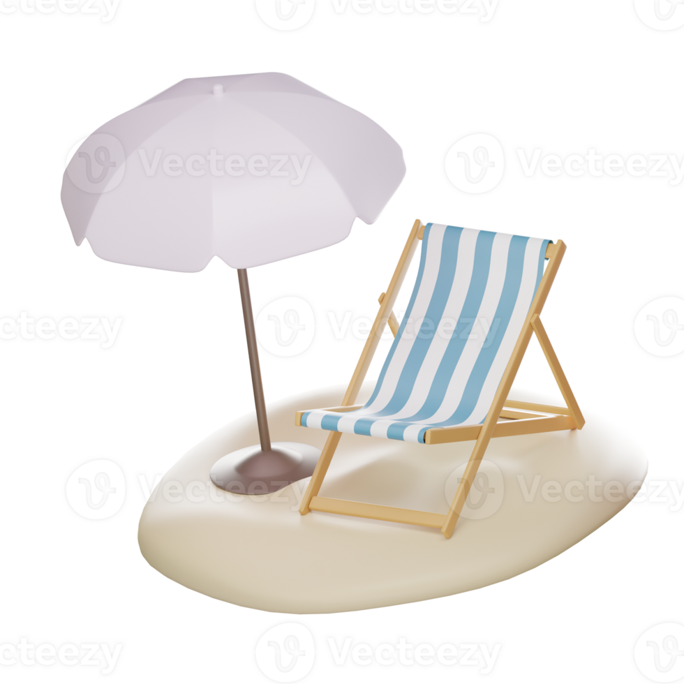 3d vacation icon beach sunbed with umbrella, wooden deck chair. Summertime relax Isolated On  isolated elements  on white transparent background Illustration PNG 3D Rendering.