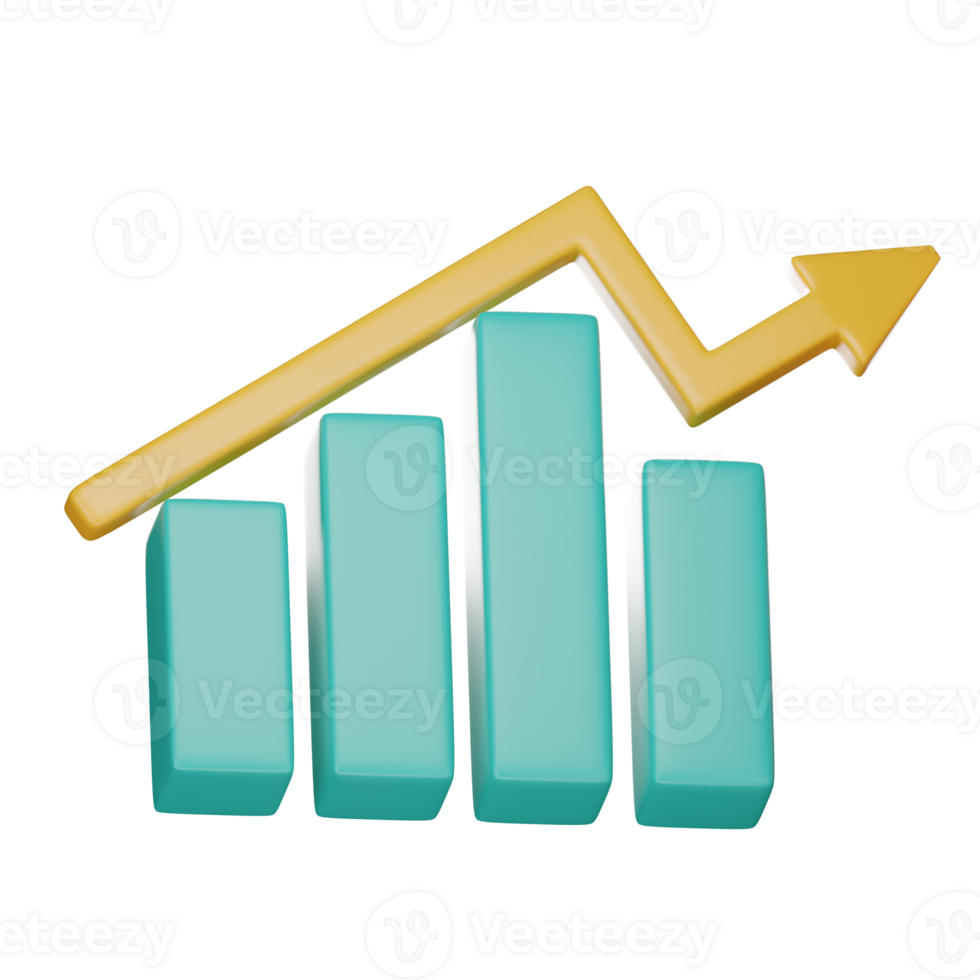 Growth 3d Bar chart with arrow going up. Success business, Graph growing up, financial icon, Graph trending upwards. Concept growth business and investment. on transparent background 3d rendering png