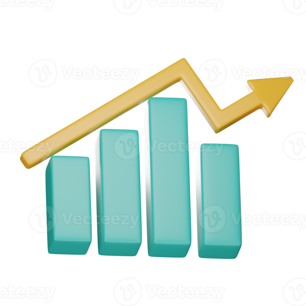 crecimiento 3d bar gráfico con flecha yendo arriba. éxito negocio, grafico creciente arriba, financiero icono, grafico tendencias hacia arriba. concepto crecimiento negocio y inversión. en transparente antecedentes 3d representación png