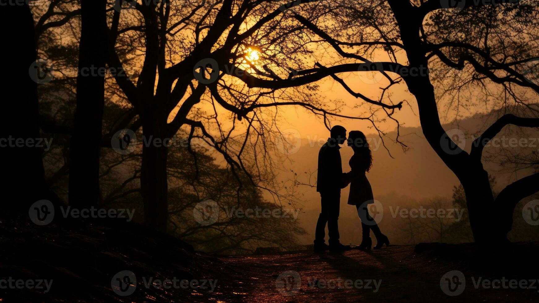 Romantic Sunset Silhouettes for Valentines Day in the Evening Glow, AI Generative photo