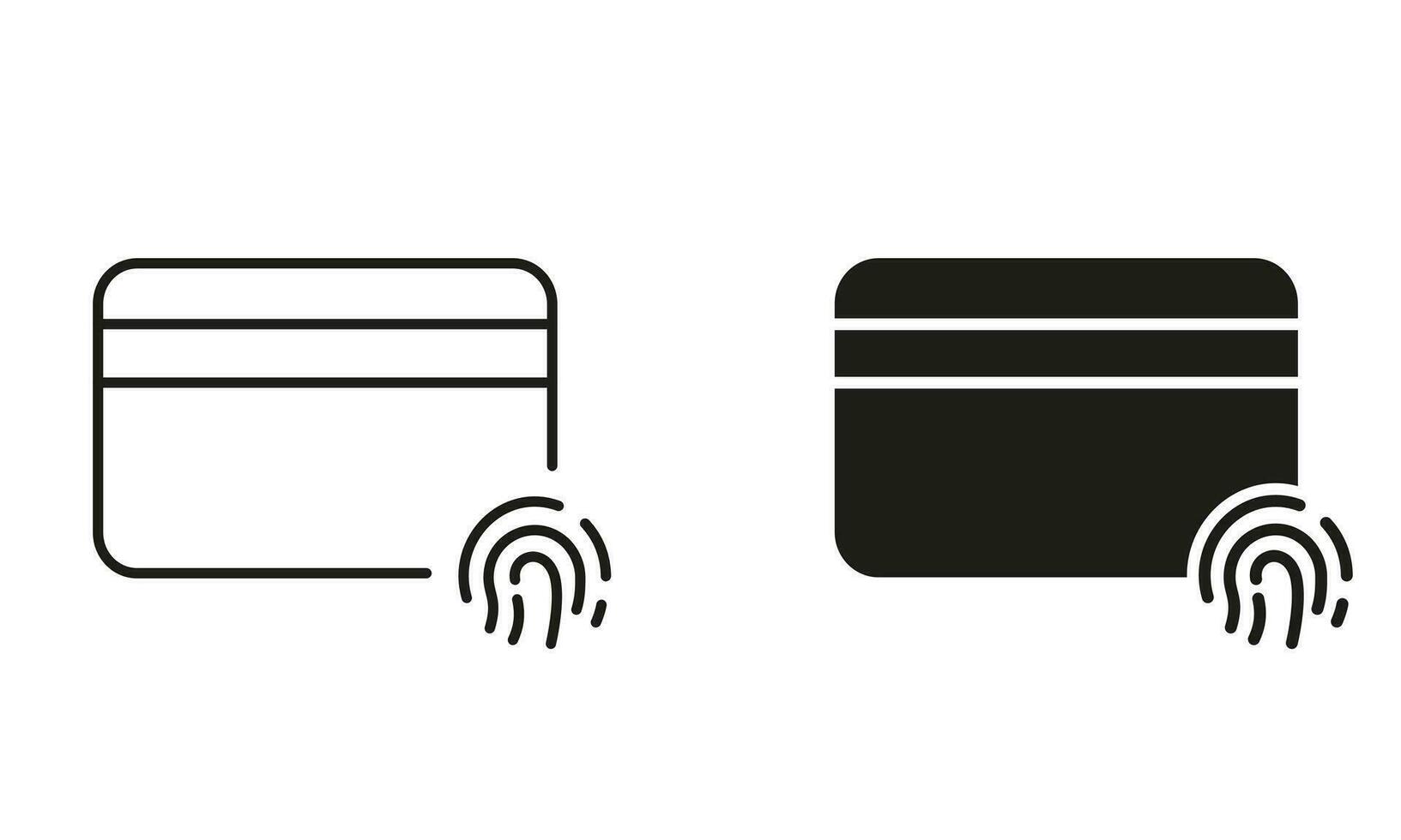 Credit Card with Fingerprint Line and Silhouette Icon Set. Identification Technology Sign. Financial Identity by Fingerprint Pictogram. Plastic Card with Thumbprint. Isolated Vector Illustration.