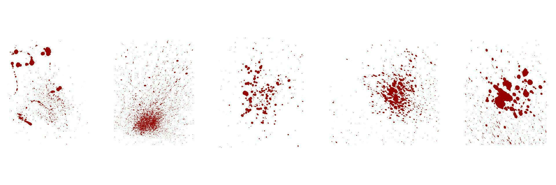 Paint Brush Abstract Splatter Collection. Blood Stain Set. Red Splat, Grunge Texture. Drop Spatter, Ink Spray. Horror Bloodstain Splash on White Background. Isolated Vector Illustration.