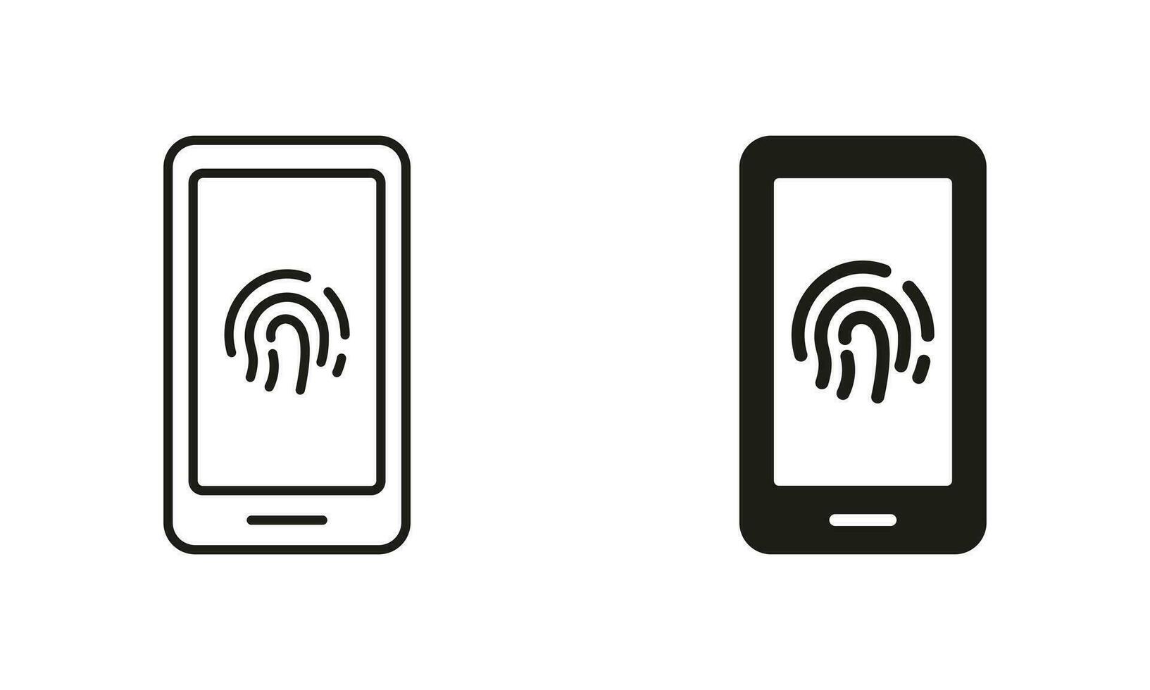 Touch ID in Smartphone Pictogram. Finger Print Scanner, Biometric Identity Symbol Collection. Fingerprint Identification in Mobile Phone Line and Silhouette Icon Set. Isolated Vector Illustration.