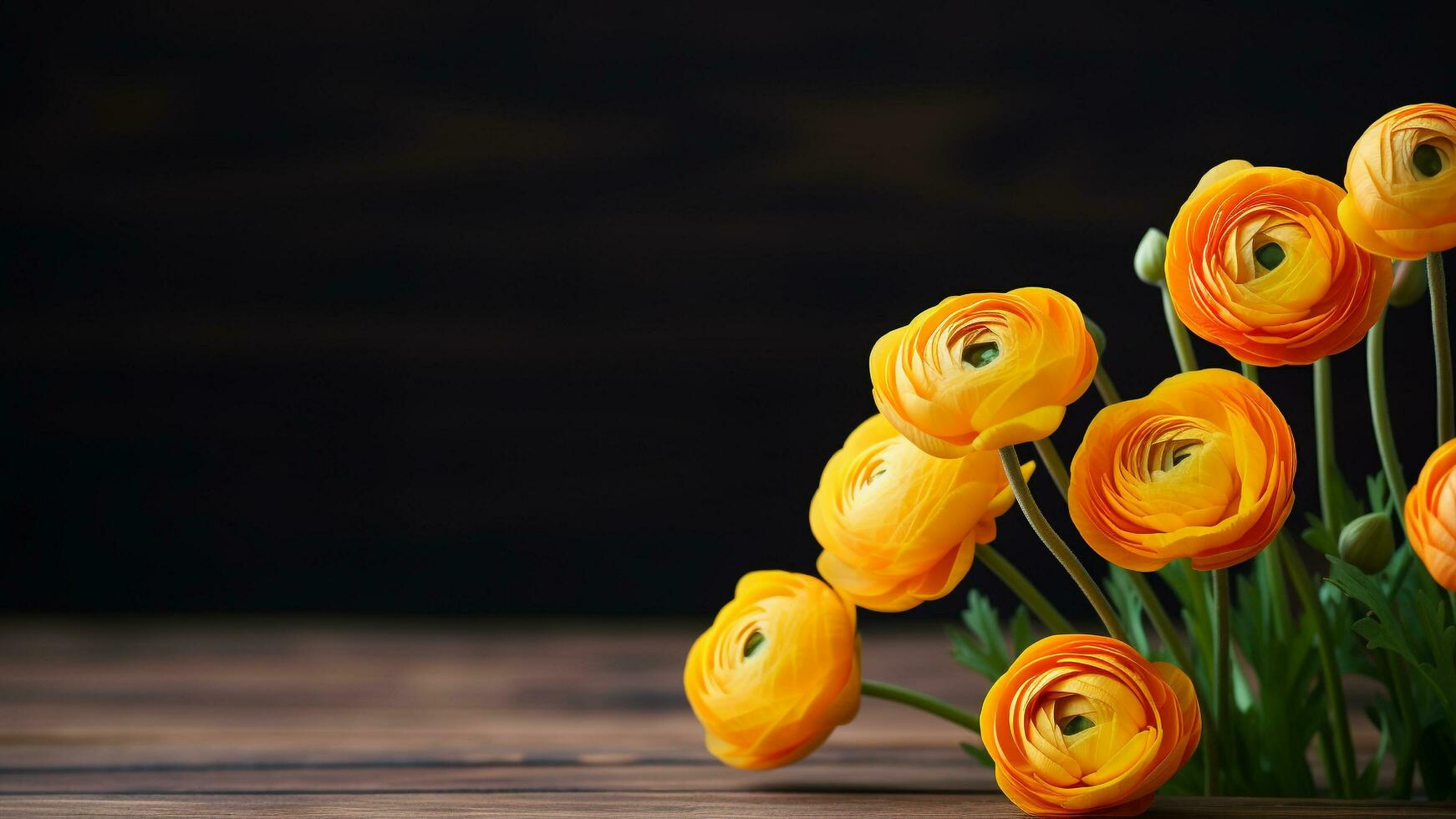 Ranunculus Flower on Wood Background with Copy Space, AI Generative photo