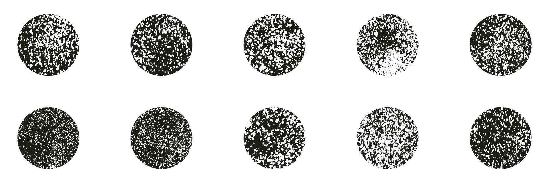 Sphere Spray Collection. Grunge Effect, Grainy Dotted Texture. Grain Noise Round Set. Abstract Circle Design Element. Isolated Vector Illustration.