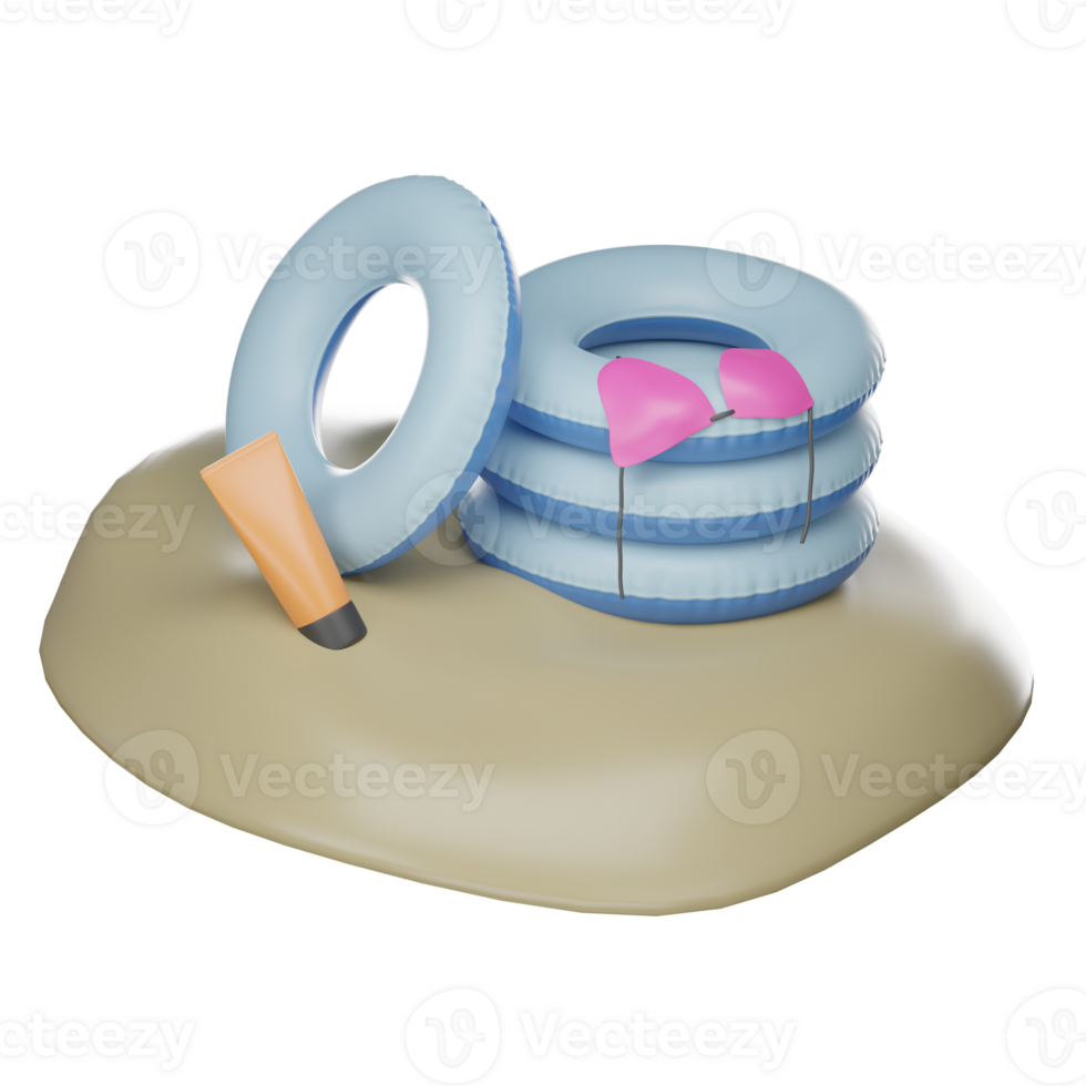 nuotare anelli su il sabbioso spiaggia con protezione solare e costumi da bagno incluso. icona carino benvenuto estate su isolato elementi su bianca trasparente sfondo illustrazione png 3d resa.