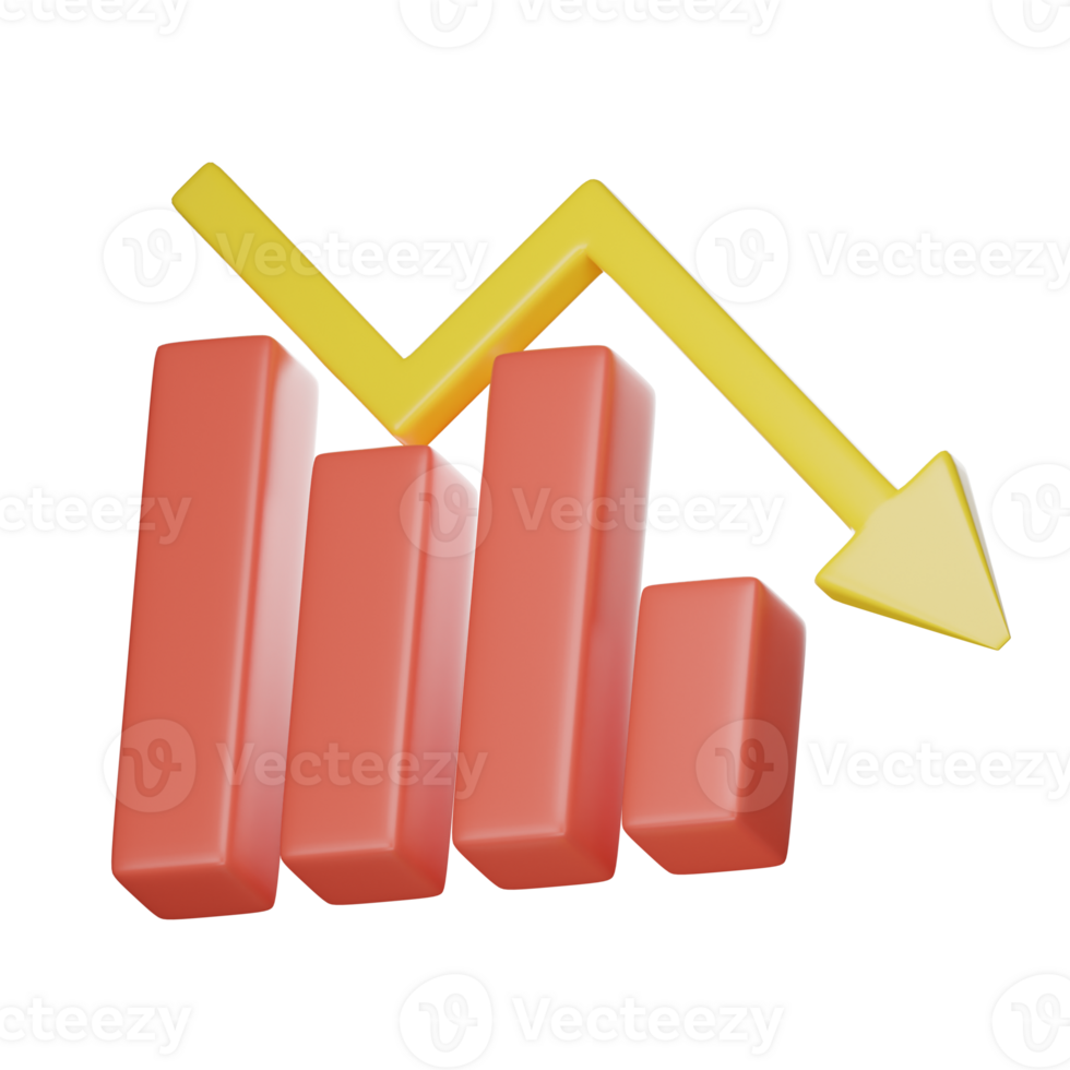 3d icon down of decreasing or declining bar chart graph with arrow going down on transparent background rendering png