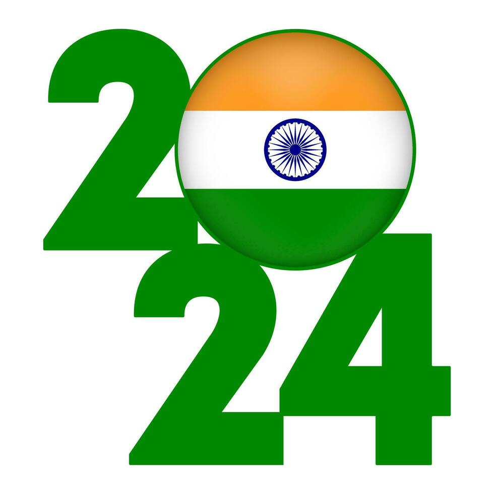 Happy New Year 2024 banner with India flag inside. Vector illustration.