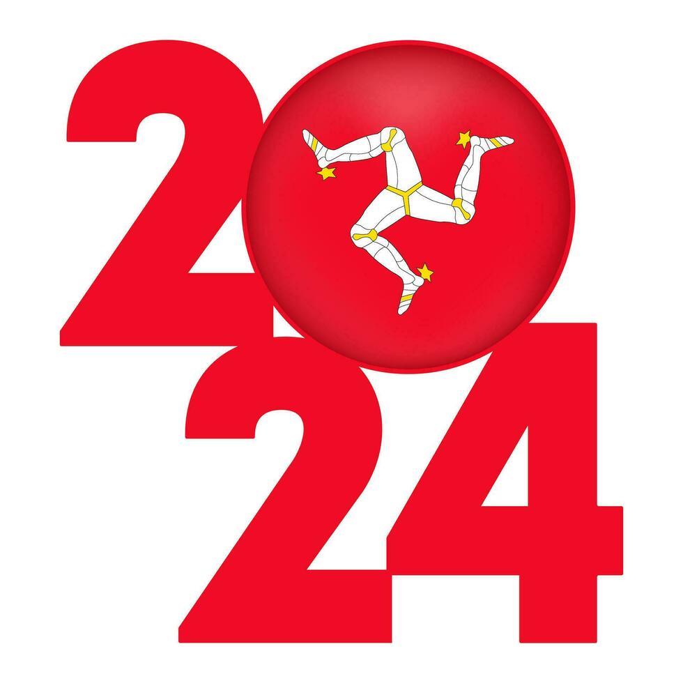 Happy New Year 2024 banner with Isle of Man flag inside. Vector illustration.