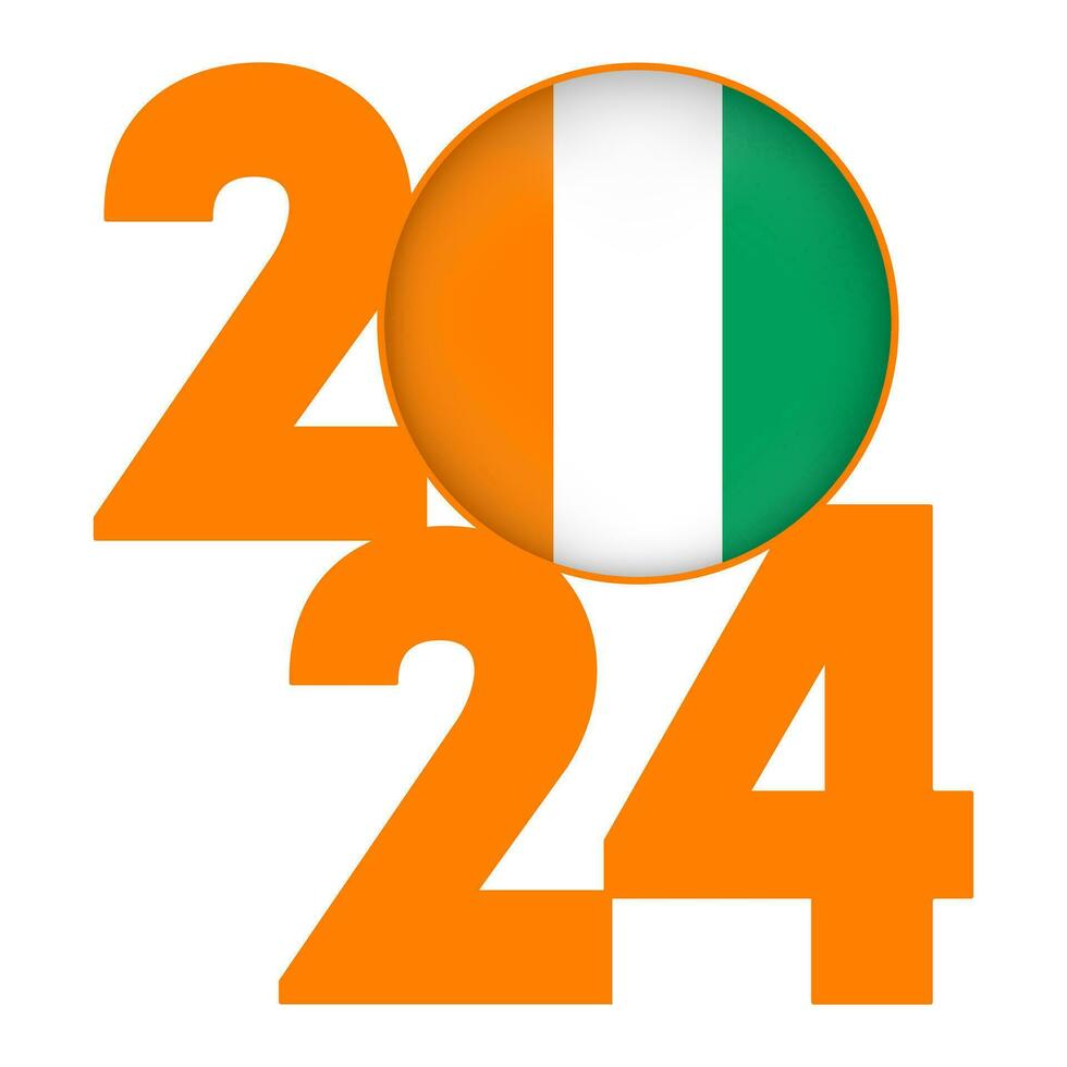 Happy New Year 2024 banner with Ivory Coast flag inside. Vector illustration.