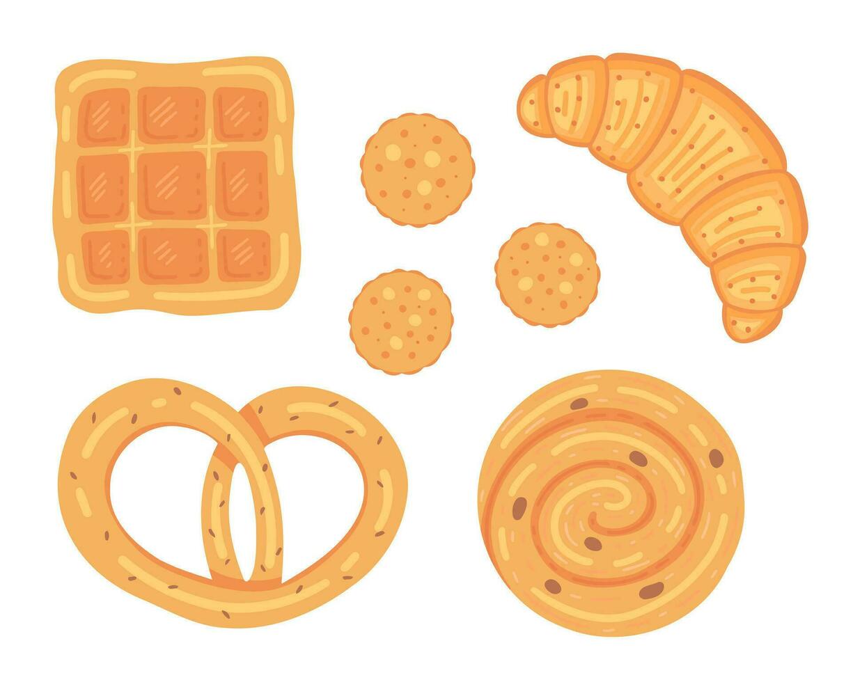 baked goods set. Pretzel, croissant wafer cookies and cinnamon bun. Illustration for backgrounds and packaging. Image can be used for greeting cards and posters. Isolated on white background. vector