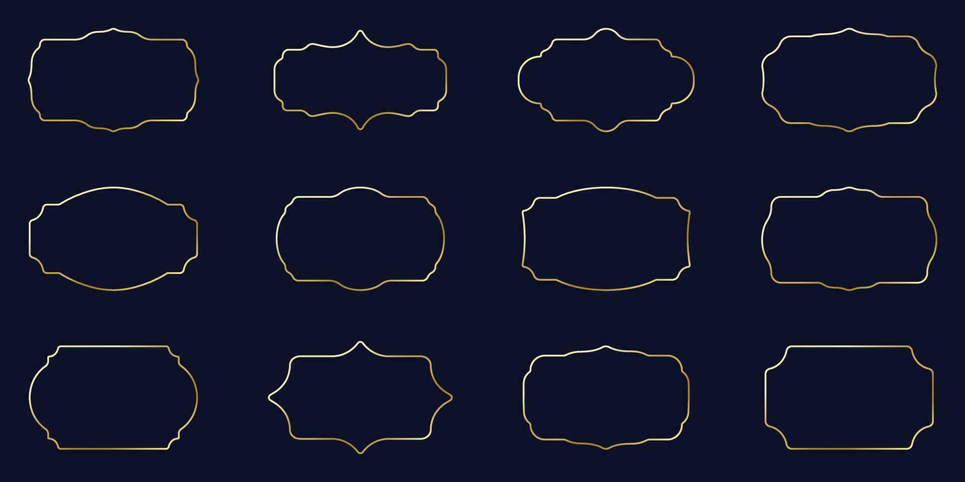 Gold Frame Line Icon Set. Empty Old Golden Border Pictogram. Picture Frame for Museum Exhibition. Blank Decorative Badge Symbol Collection on Black Background. Isolated Vector Illustration.