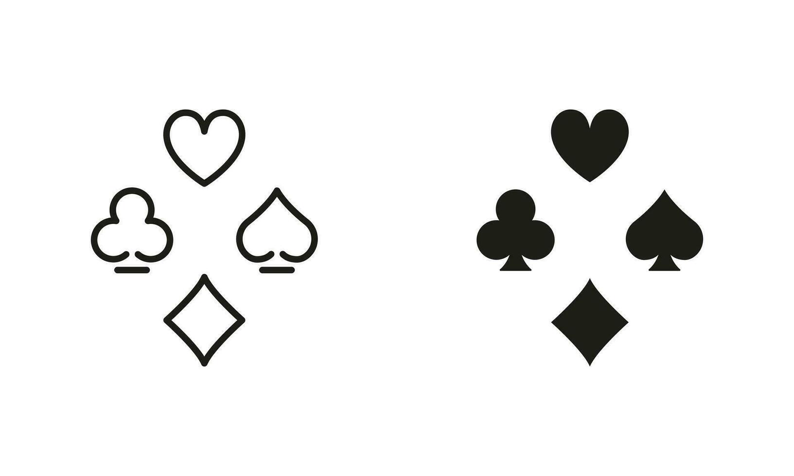 Card Suit, Gambling Spade Line and Silhouette Black Icon Set. Playing Card. Casino Game Pictogram. Poker Play Suit Symbol Collection. Black Jack Club in Las Vegas Symbol. Isolated Vector Illustration.