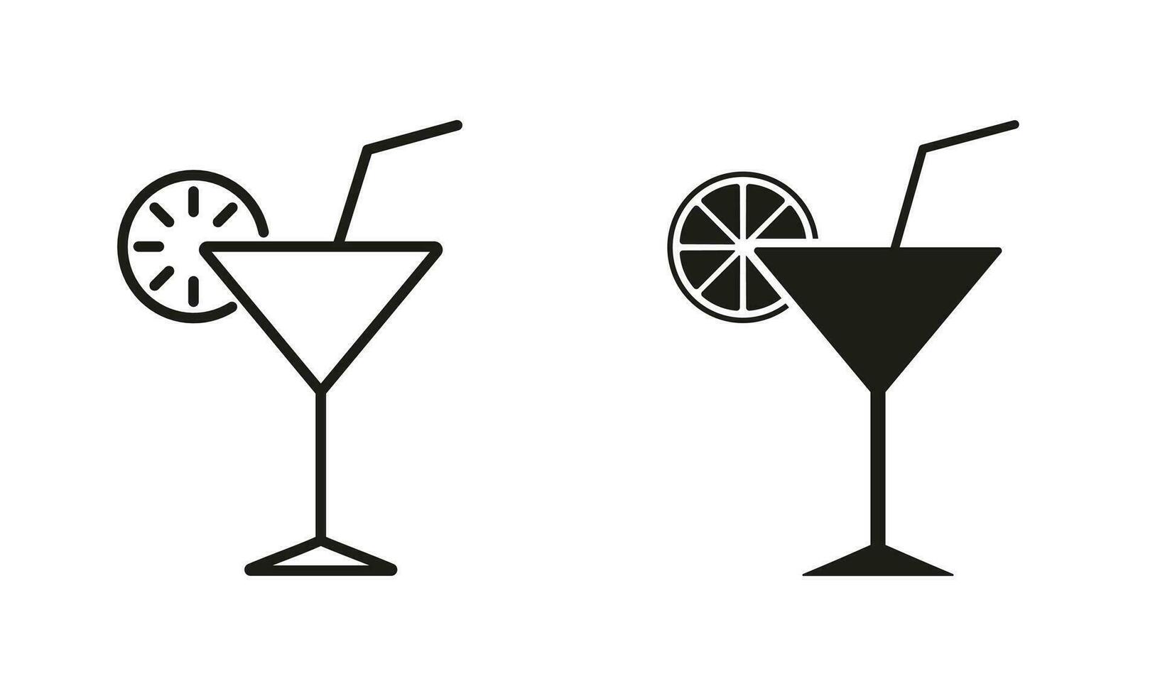 Cocktail Margarita Line and Silhouette Icon Set. Tropical Coctail. Ice Summer Cocktail Glass with Straw and Lime Sign. Drink Martini, Liquor, Vodka, Champagne Pictogram. Isolated Vector Illustration.