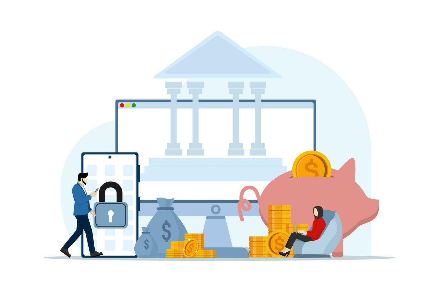 Concept of mobile banking, online payment, online mobile banking. electronic bill payment. Transaction security. credit card, electronic wallet, e-commerce, transaction, purchase, vector illustration.