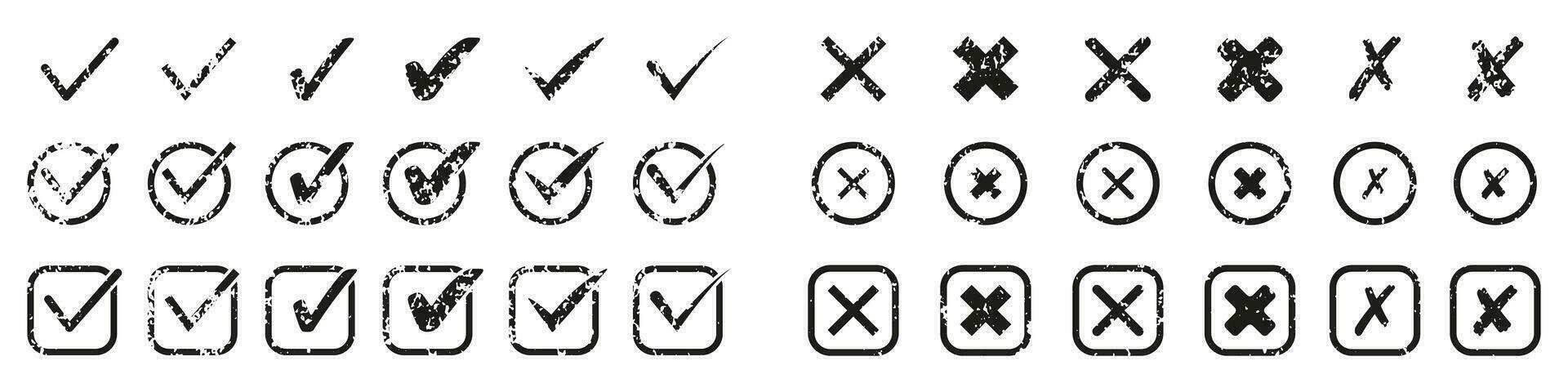 Checkmark and Cross Grunge Set. Confirm And Ban Black Sign Collection. Checklist Symbols, Grimy Tick In Checkbox. Right Or Wrong Decision. Isolated Vector Illustration.