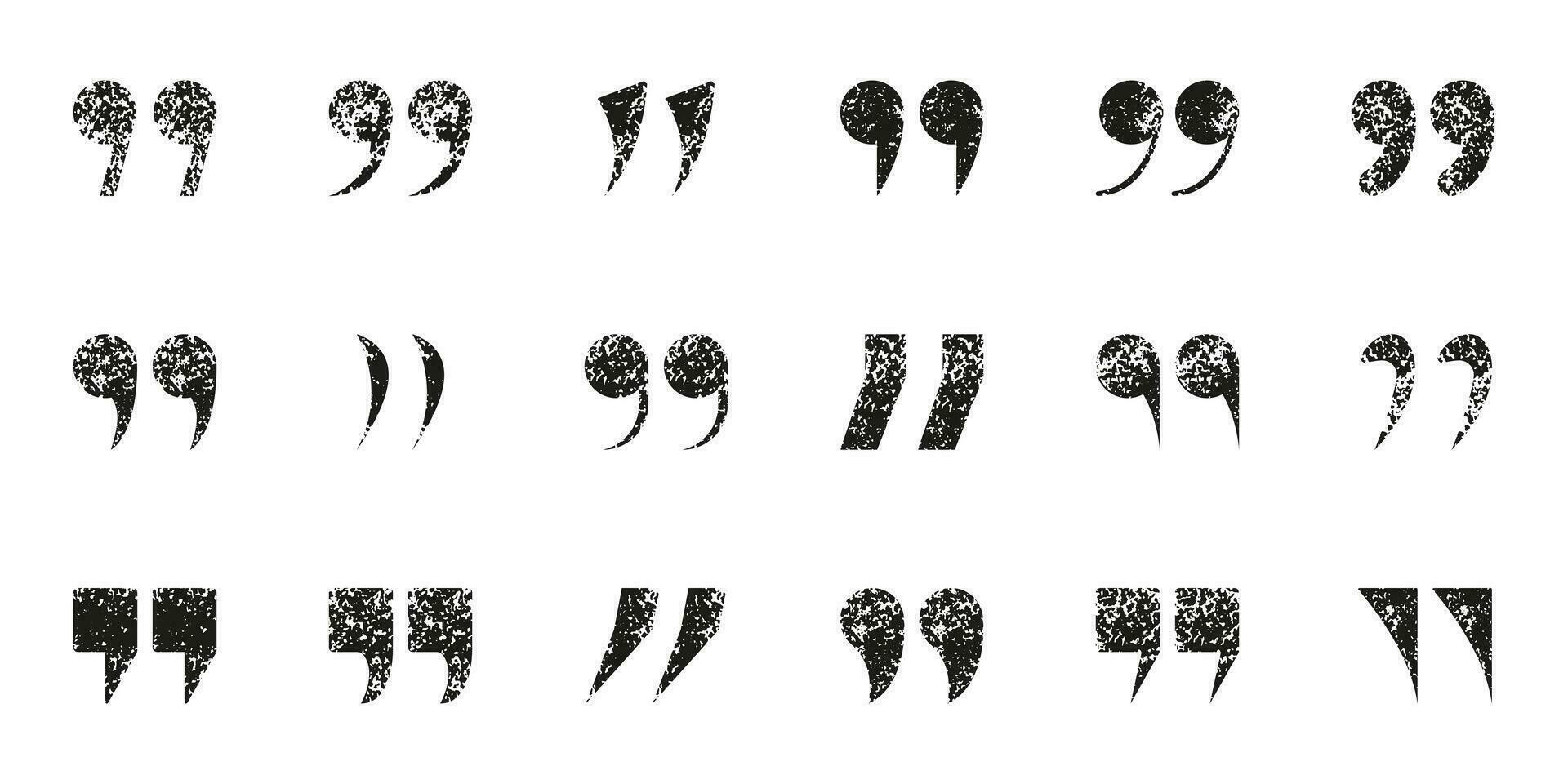 Quotation Mark With Grunge Texture Icon Set. Double Comma Grimy Collection. Speech Punctuation Dirty Symbols. Quote Sign. Dialogue Or Conversation Concept. Isolated Vector Illustration.