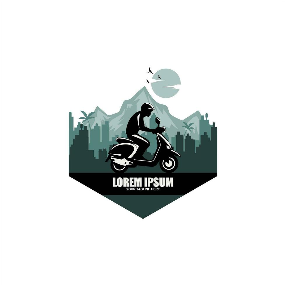 Vector isolated motor scooter icon. Motorcycle with rider on road silhouette symbols.