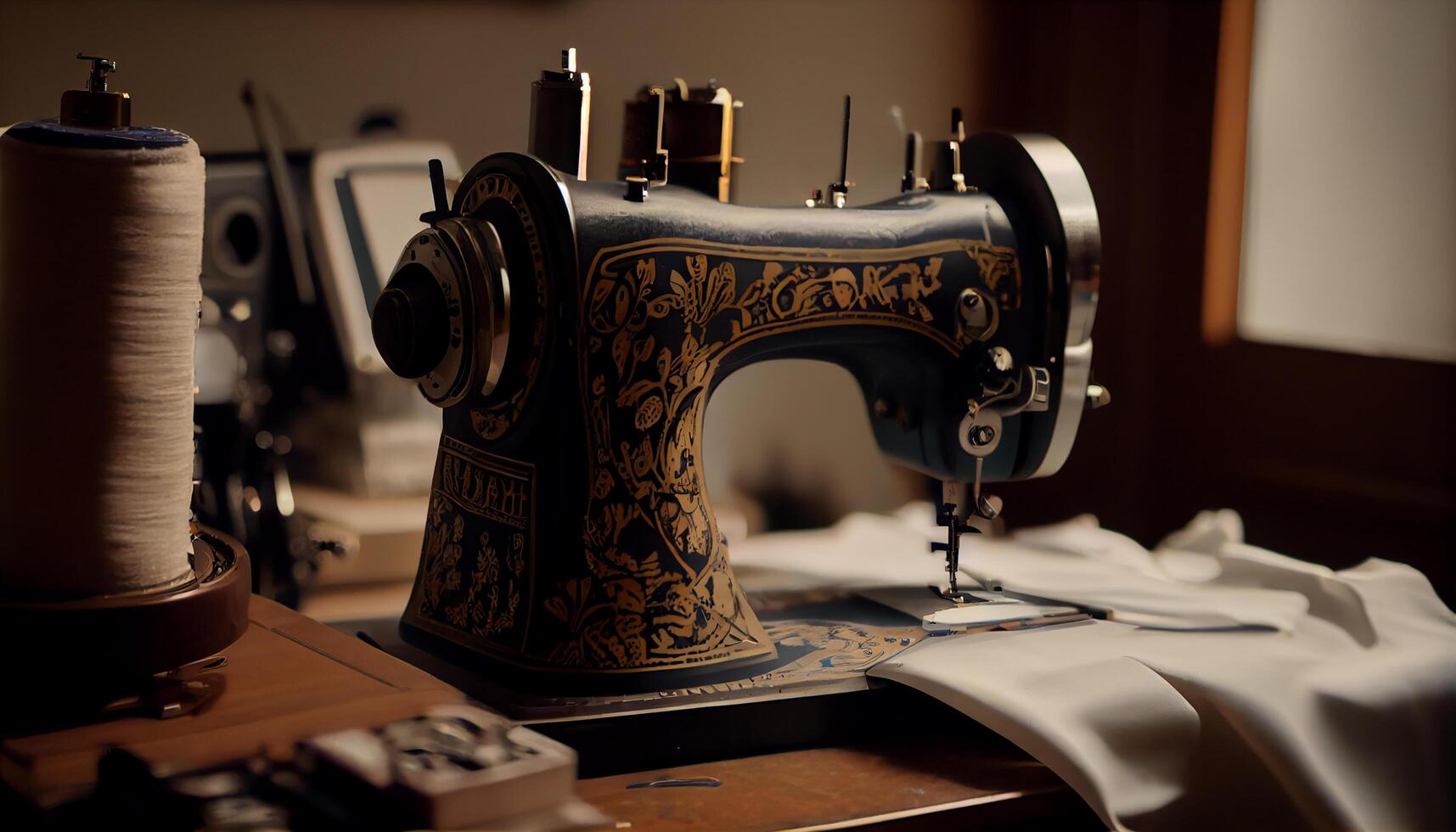 Tailor working on sewing machine in close up generated by AI photo