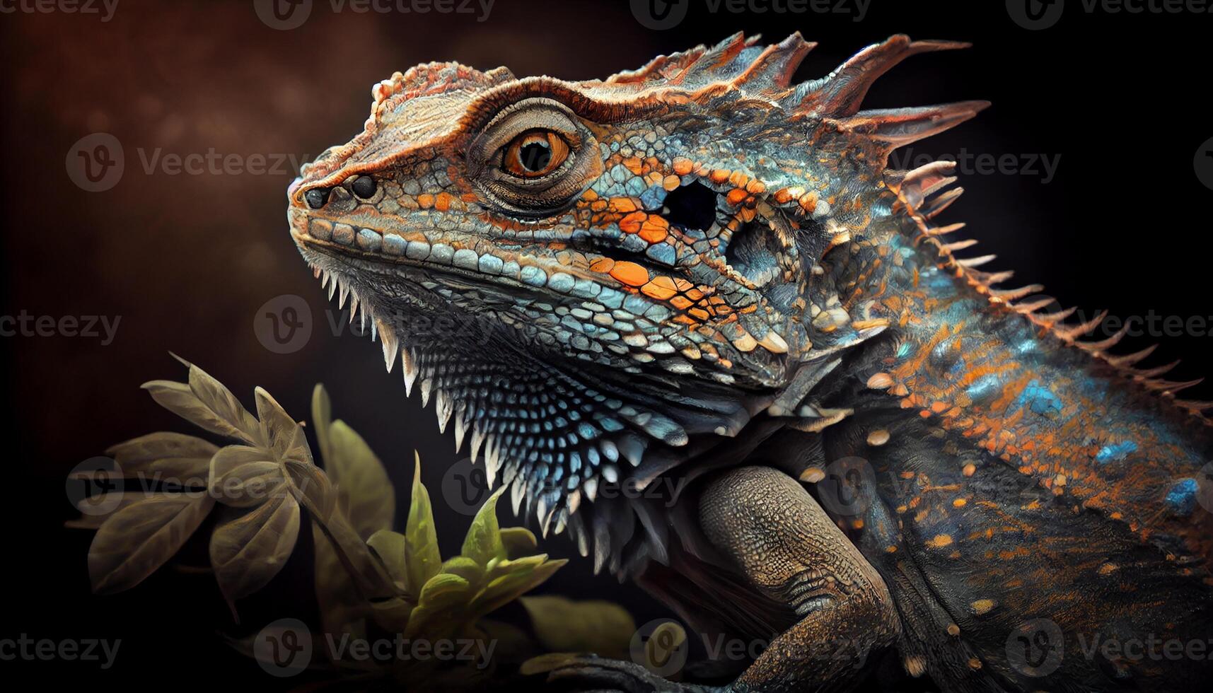 Multi colored lizard horned portrait in tropical forest generated by AI photo