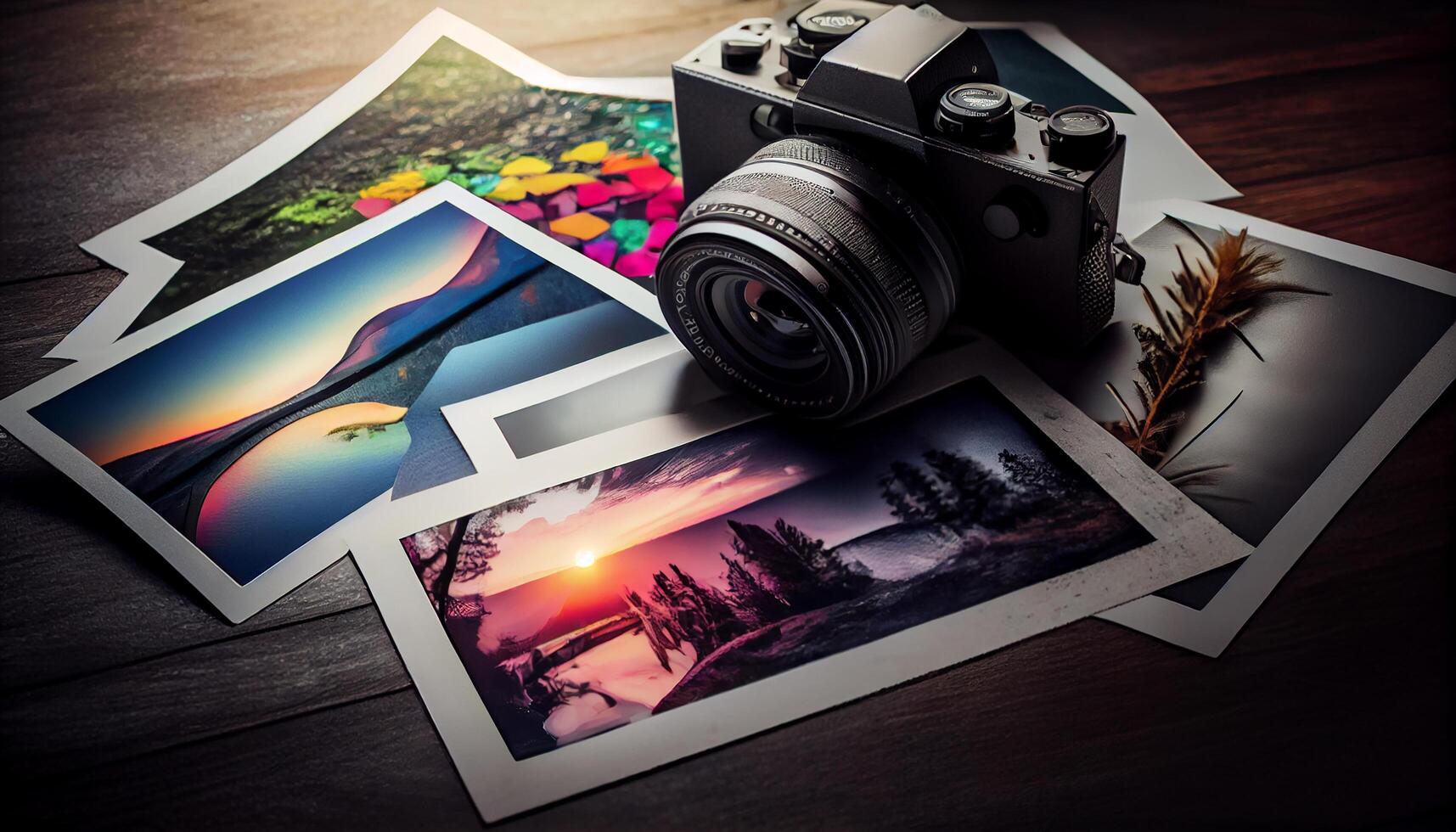 Camera captures old fashioned nature scene on wooden table generated by AI photo