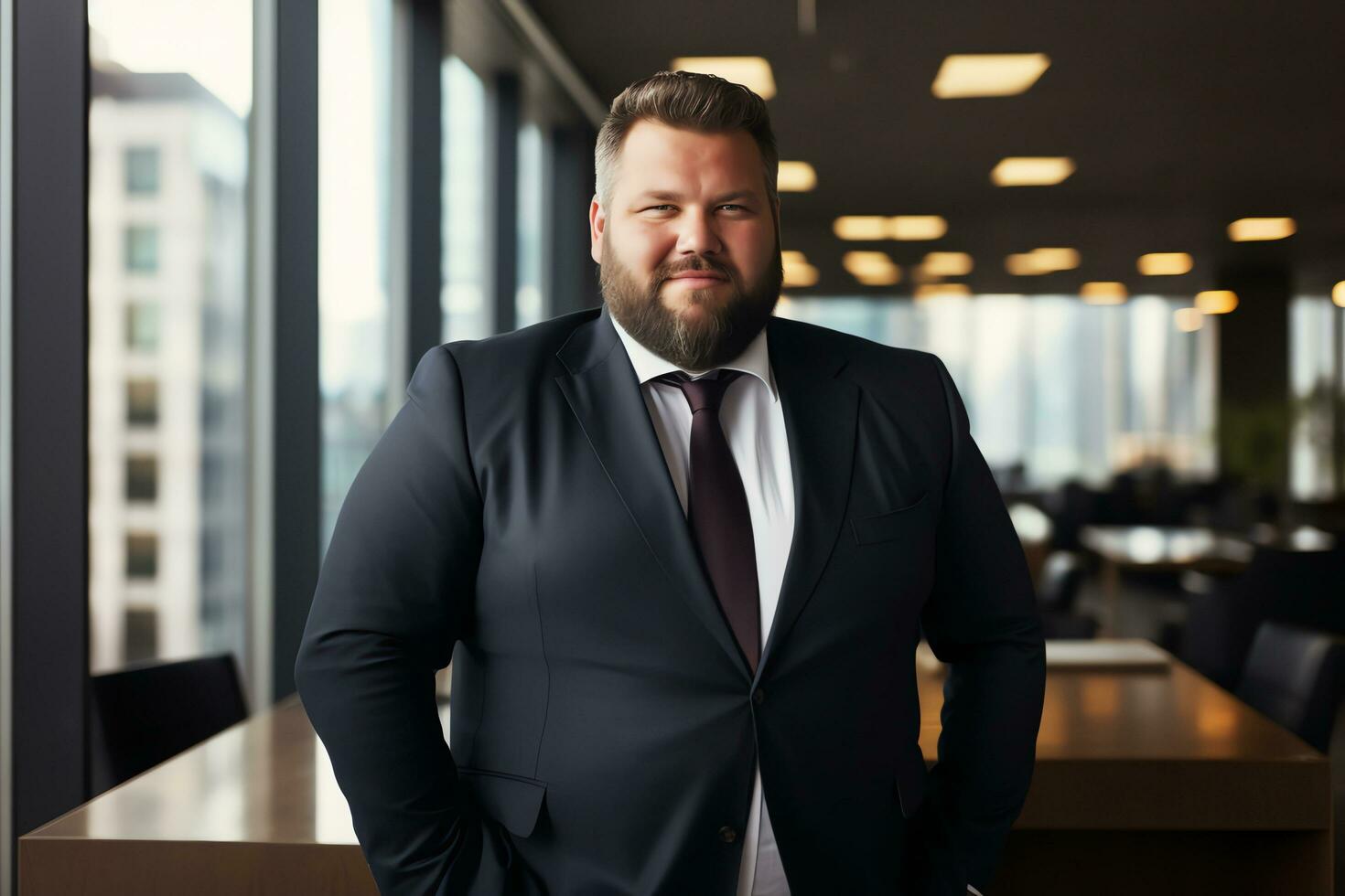 Plus size manager businessman CEO confident and standing front of modern office,AI Generated photo