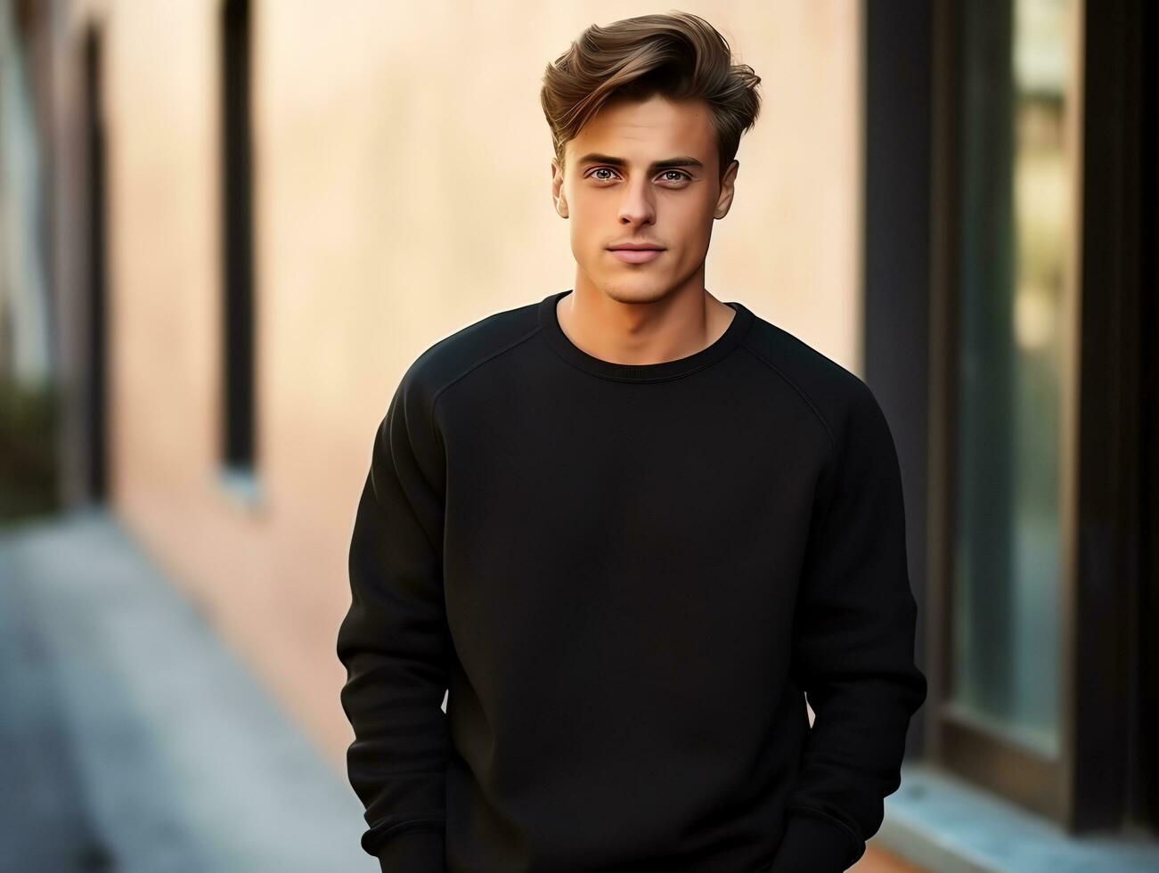 Attractive young man wearing blank empty black t-shirt long sleeves mockup for design template,AI Generated photo