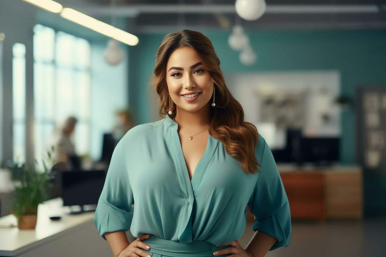 Plus size manager businesswoman CEO confident and standing front of modern office,AI Generated photo