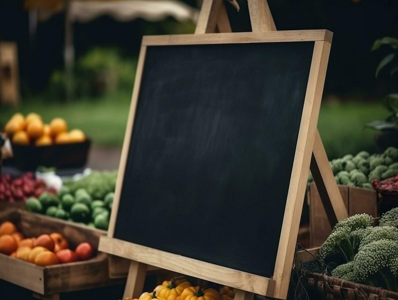 Blank blackboard mockup in organic farmer market background, agriculture and business farmer concept, AI Generated photo